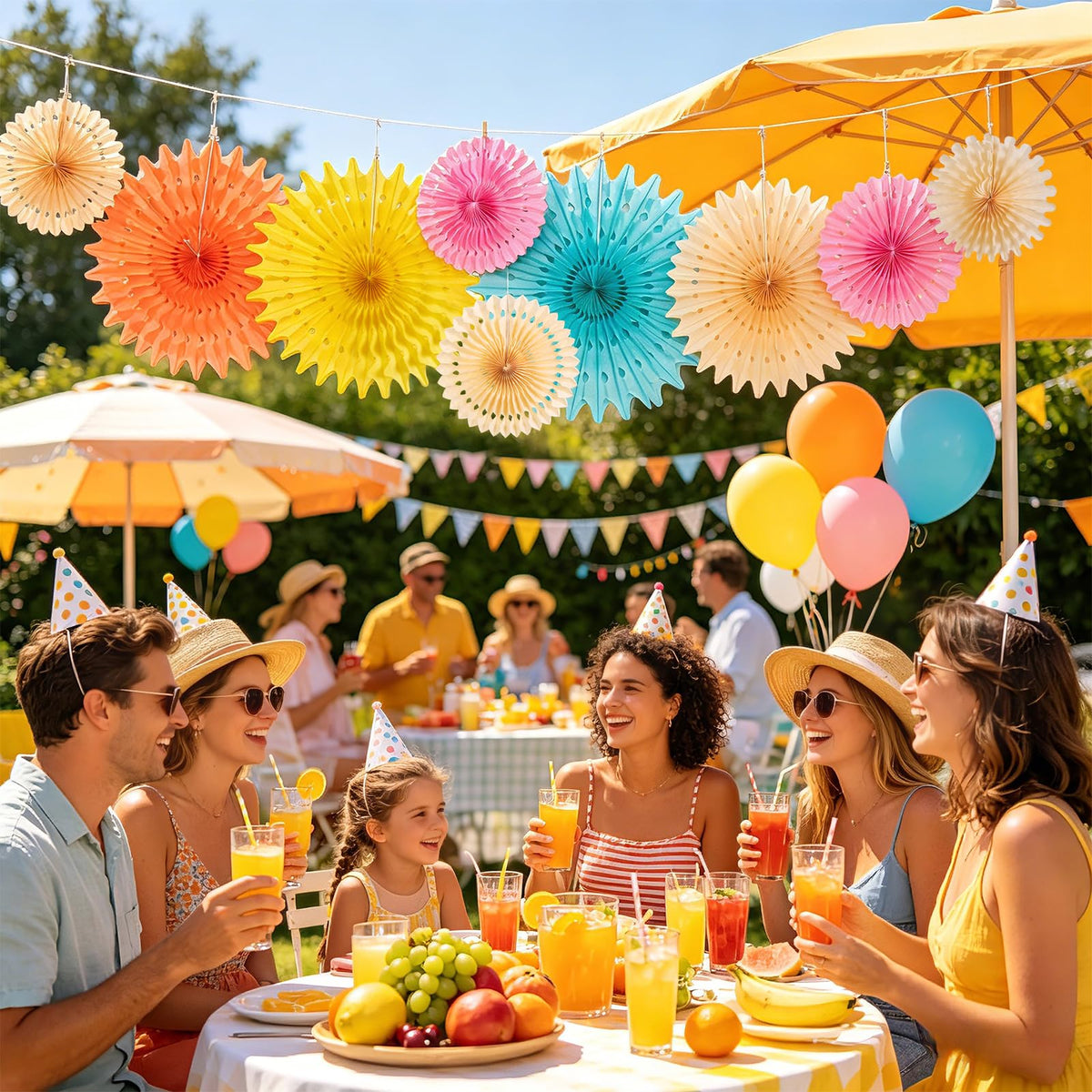 SUNBEAUTY Pack of 11 Peach Pink Yellow Mint Green Hanging Honeycomb Round Paper Fans for Birthday
