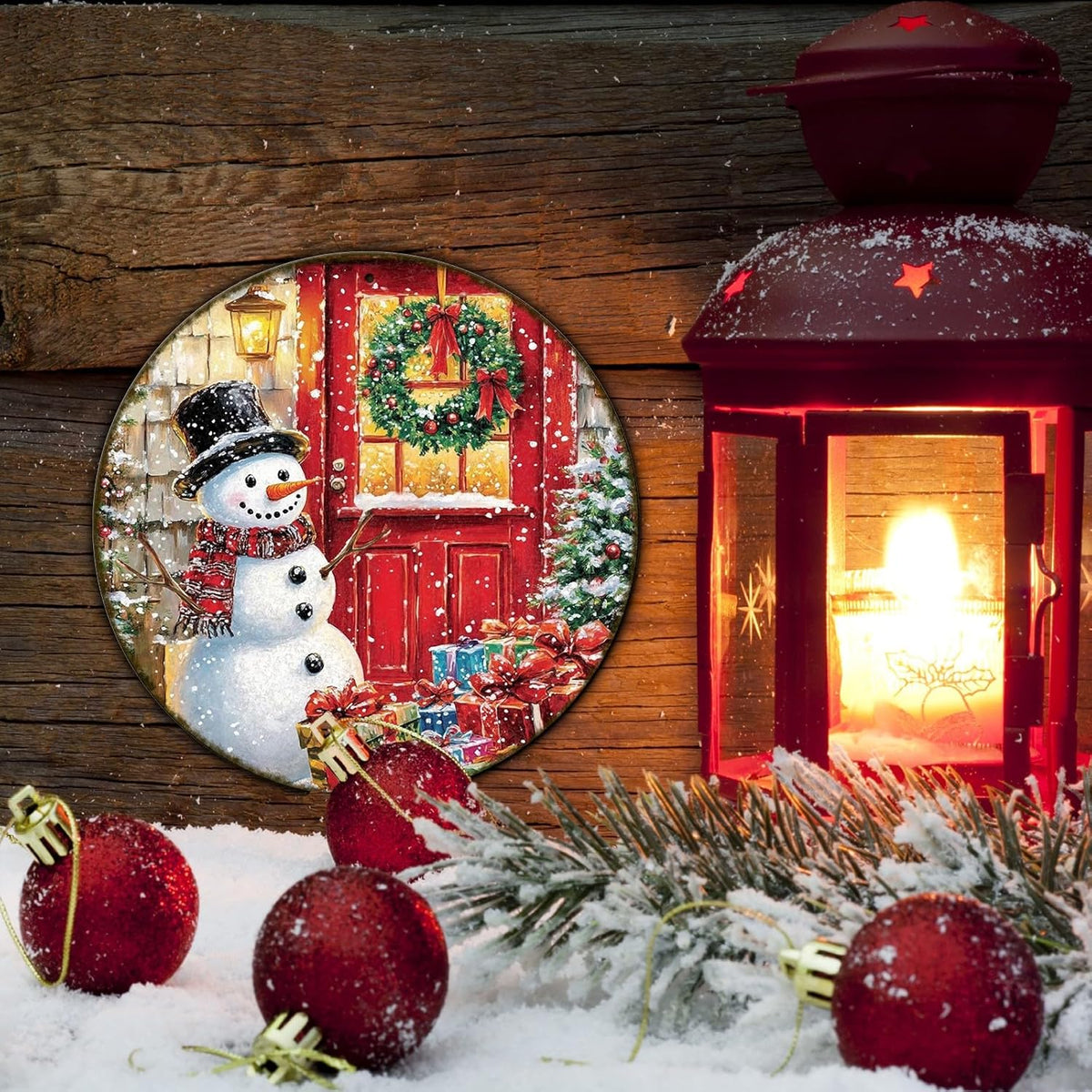 Round Wall Decor Christmas Metal Tin Sign Snowman Sign Rustic Wall Decor Wall Plaque Snowman Wreath