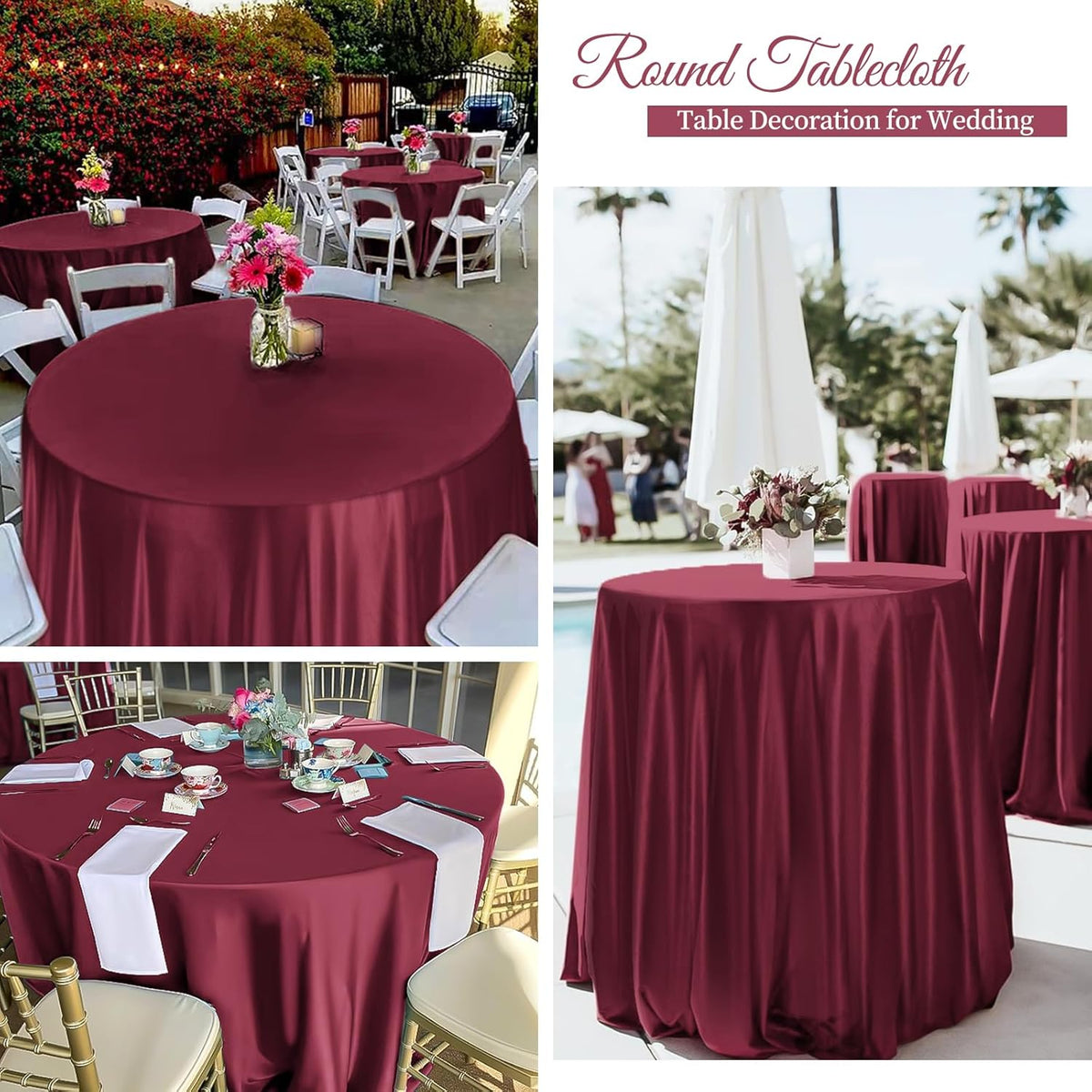 fani 12 Pack 120 Inch Burgundy Satin Tablecloth - Premium Bright Silky Round Tablecloth Overlay