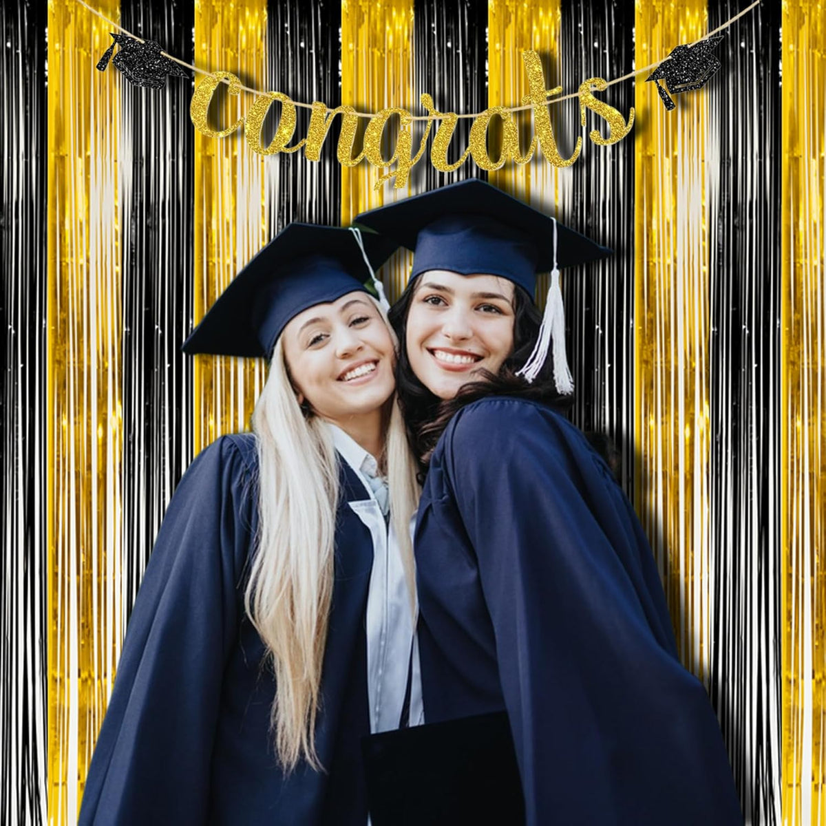BRAVESHINE 3.2 x 8.2 ft Black Gold Foil Fringe Curtains - 2 Pack Metallic Photo Booth Streamers