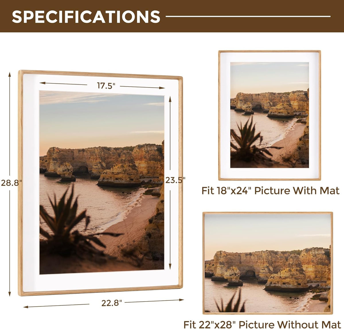 22x28 Frame with Mat to 18x24 Picture Frames USA-Sourced Natural Solid Oak Wood Handcrafted Rounded