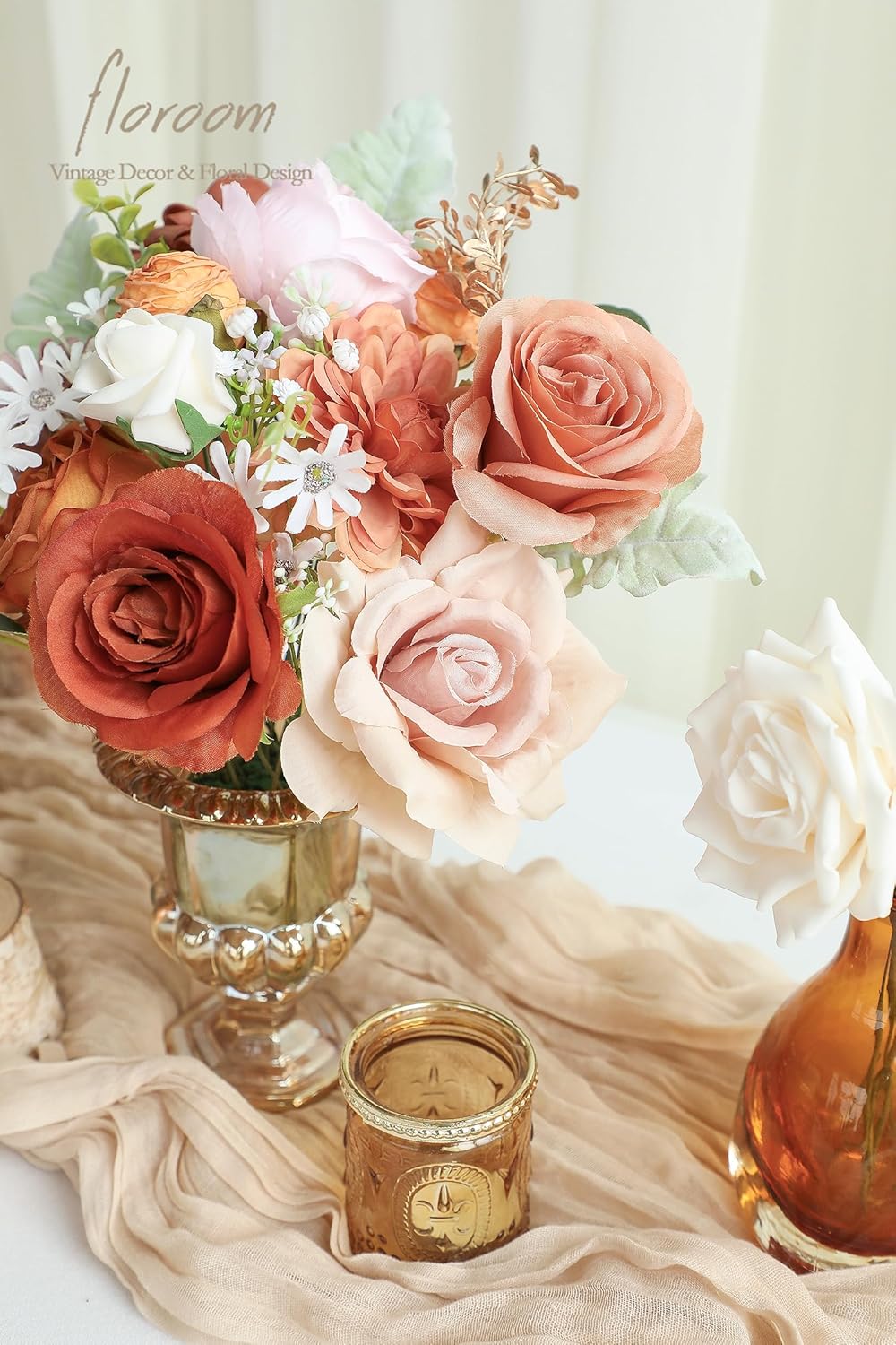 Floroom Terracotta Artificial Flowers Burnt Orange Fake Roses Peonies Dahlias and Greenery Combo