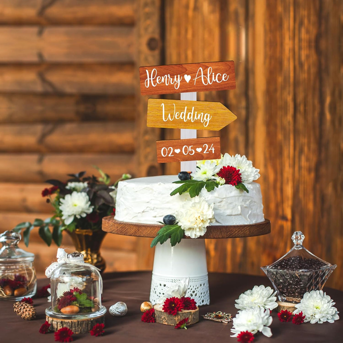 Personalized Rustic Fall Wedding Cake Topper in Wood Custom Bride & Groom Names Initials Wedding