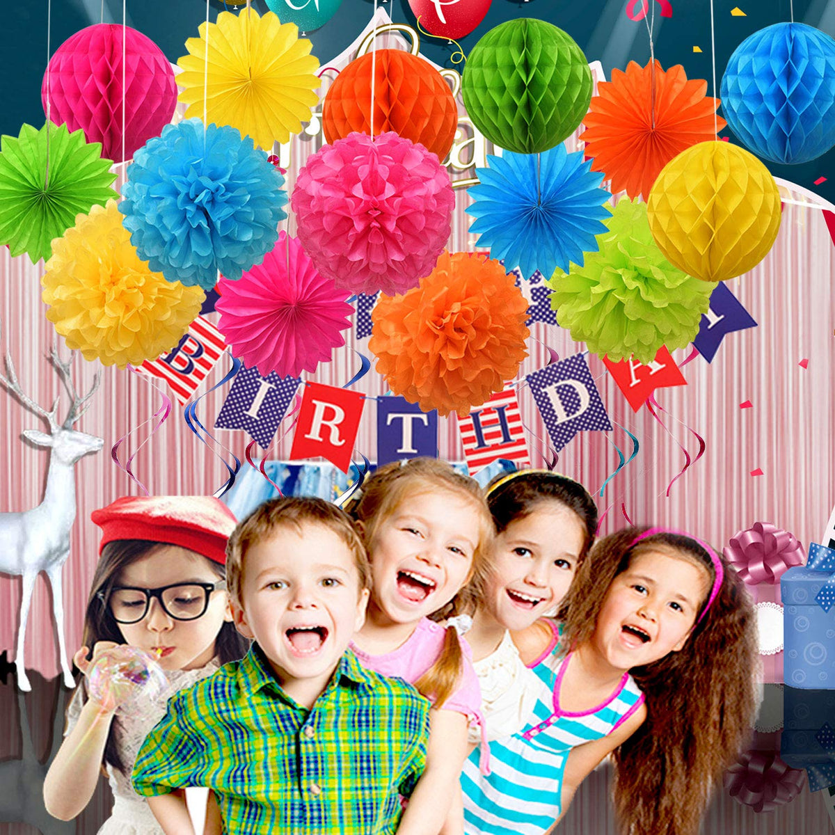 Colorful Paper Party Decorations, Tissue Paper Flower&Party Pom Poms wth Swirl Streamers, Premium