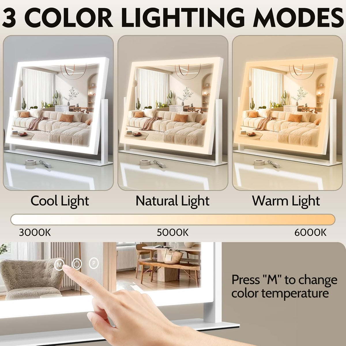 Lighted Makeup Mirror, 16.3"x12.6" Hollywood Vanity Mirror with Lights, 10X Magnification, 3 Color