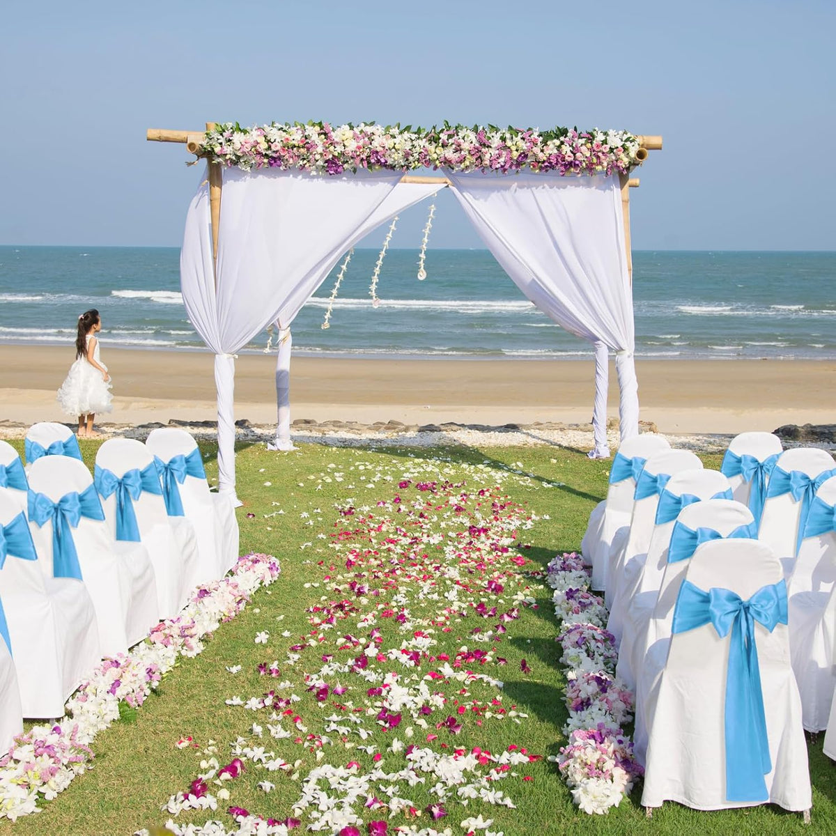 10 PCS Baby Blue Satin Chair Sashes Bows Universal Chair Ribbon Ties Back Sash for Wedding Party