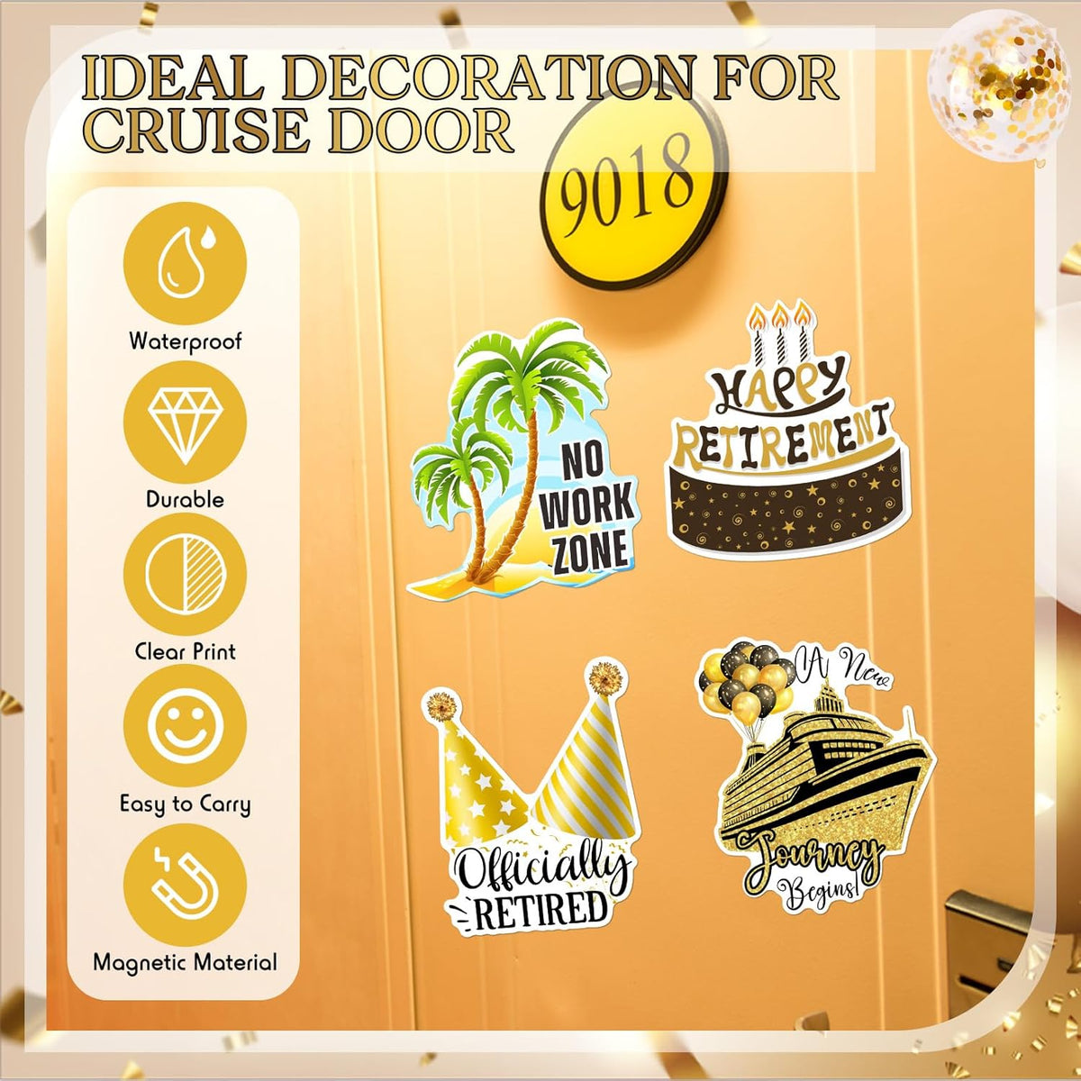 Hoteam 4 Pcs Retirement Cruise Door Decorations Magnetic Large Happy Retirement Cruise Ship Door
