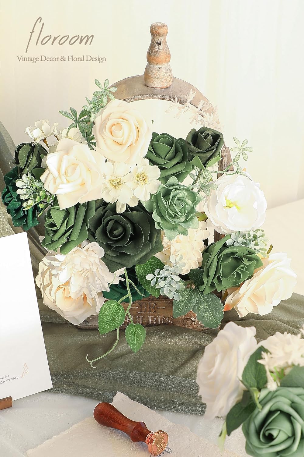Floroom Olive Green Artificial Flowers Forest Green Fake Roses Peonies Dahlia Greenery Combo Box