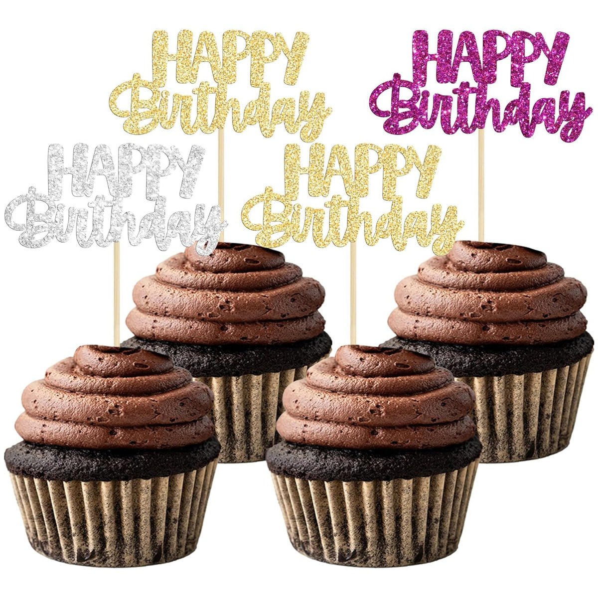 Gyufise 24Pcs Happy Birthday Cupcake Toppers Glitter Birthday Cupcake Food Picks for Celebrating