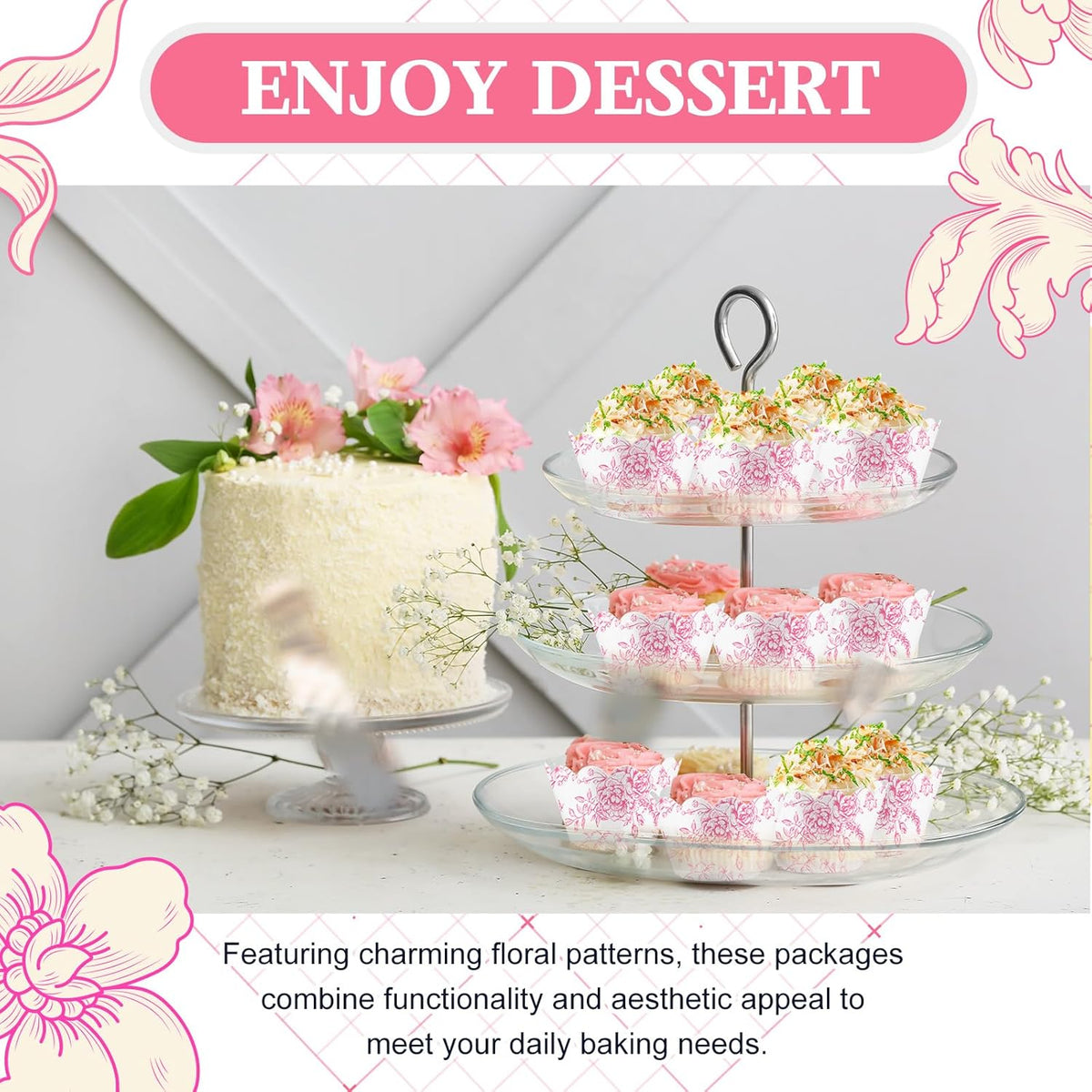 Domensi 100 Pcs Pink Floral Cupcake Wrappers Rustic Cupcake Liners Pink Baking Cups Flower Baking