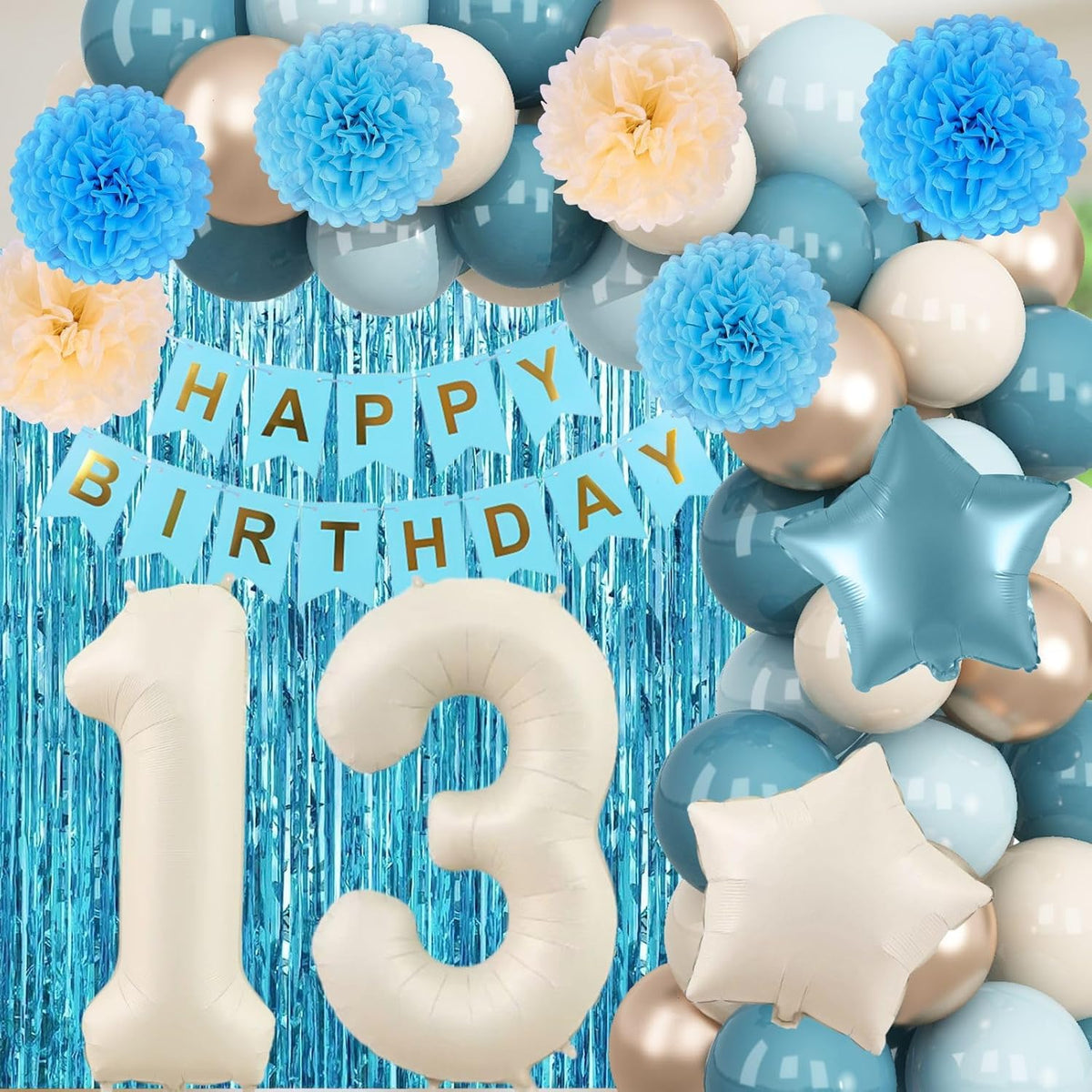 Dusty Blue 13th Birthday Party Decorations Boys Girls Beige Cream Number 13 Balloon with Blue Gold