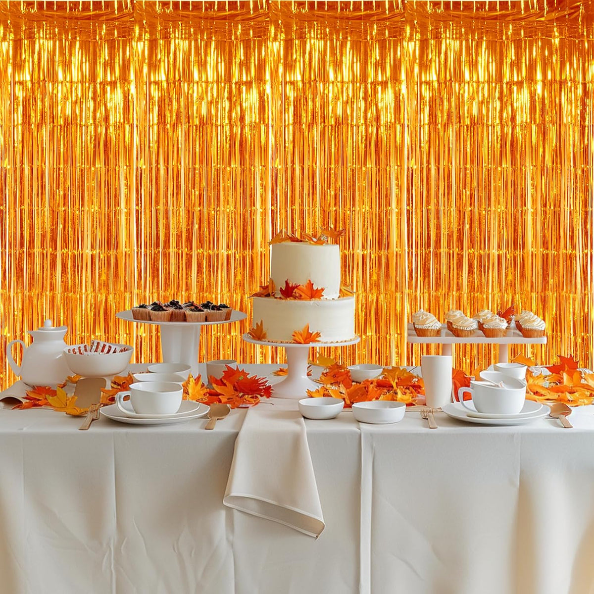 TONIFUL 3Pcs Orange Door Streamers,Photo Booth Backdrop Metallic Streamers Foil Fringe Curtains for