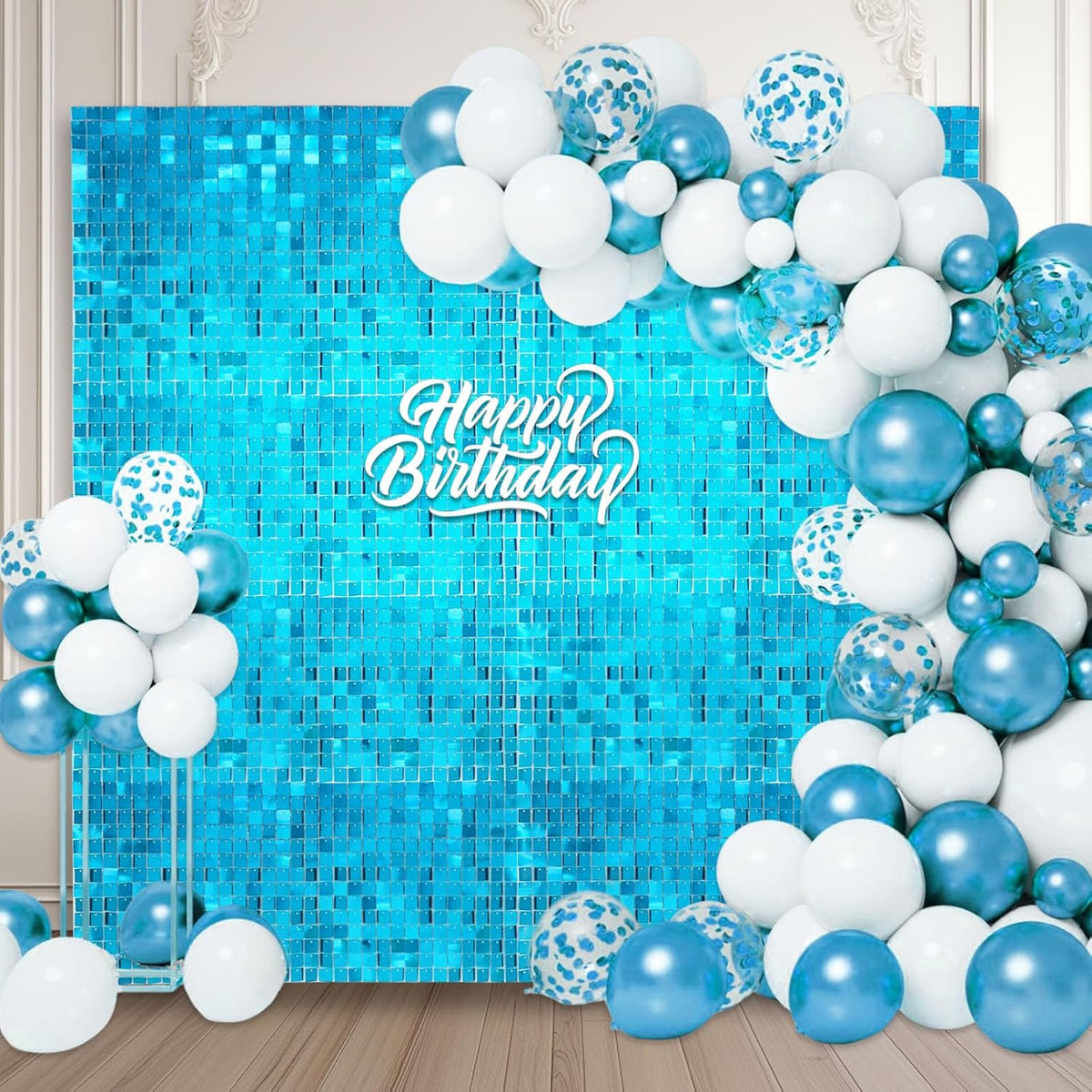12PCS Lake Blue Shimmer Wall Backdrop, Square Sequin Photo Backdrops Panel, Glitter Wall Background