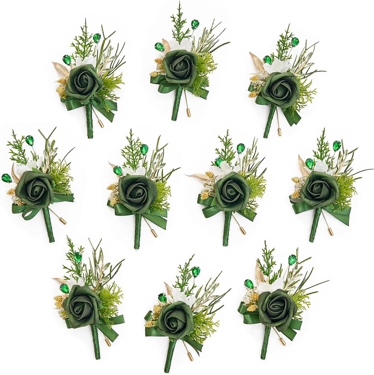 Serwalin 10Pcs Boutonniere for Men, Green Groom and Best Man Boutonniere, Artificial Flowers for