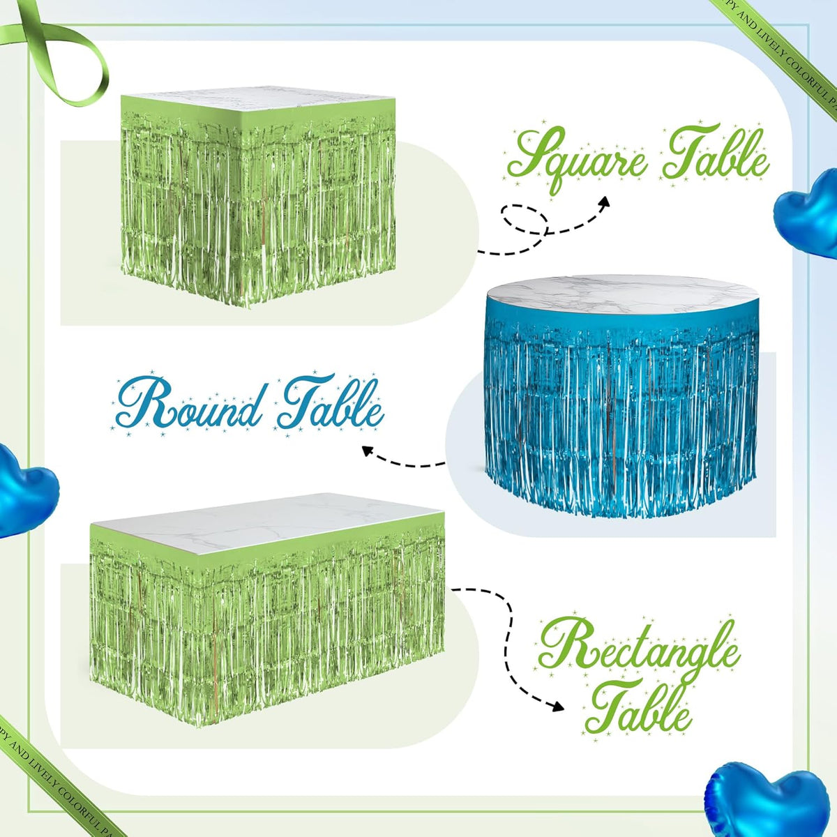 2 Pack Lake Blue Lime Green Table Skirts, 29x108" Metallic Foil Tinsel Fringe Table Skirt for