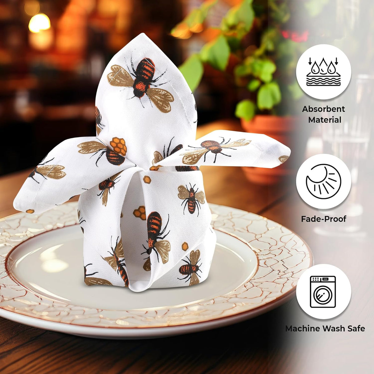 Urban Villa Dinner Napkins Honey Bee Print Cloth Napkins (Set of 12) Oversized 20x20 Inches 100%