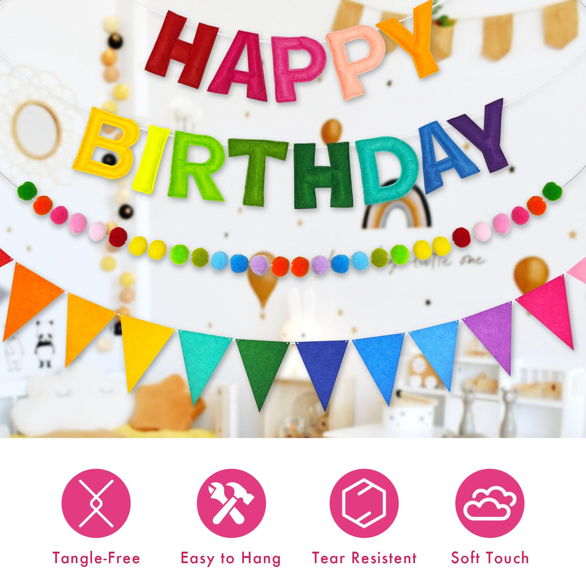 CANREVEL 3 PCS Pre-Strung 3D Happy Birthday Banner Decorations, Rainbow