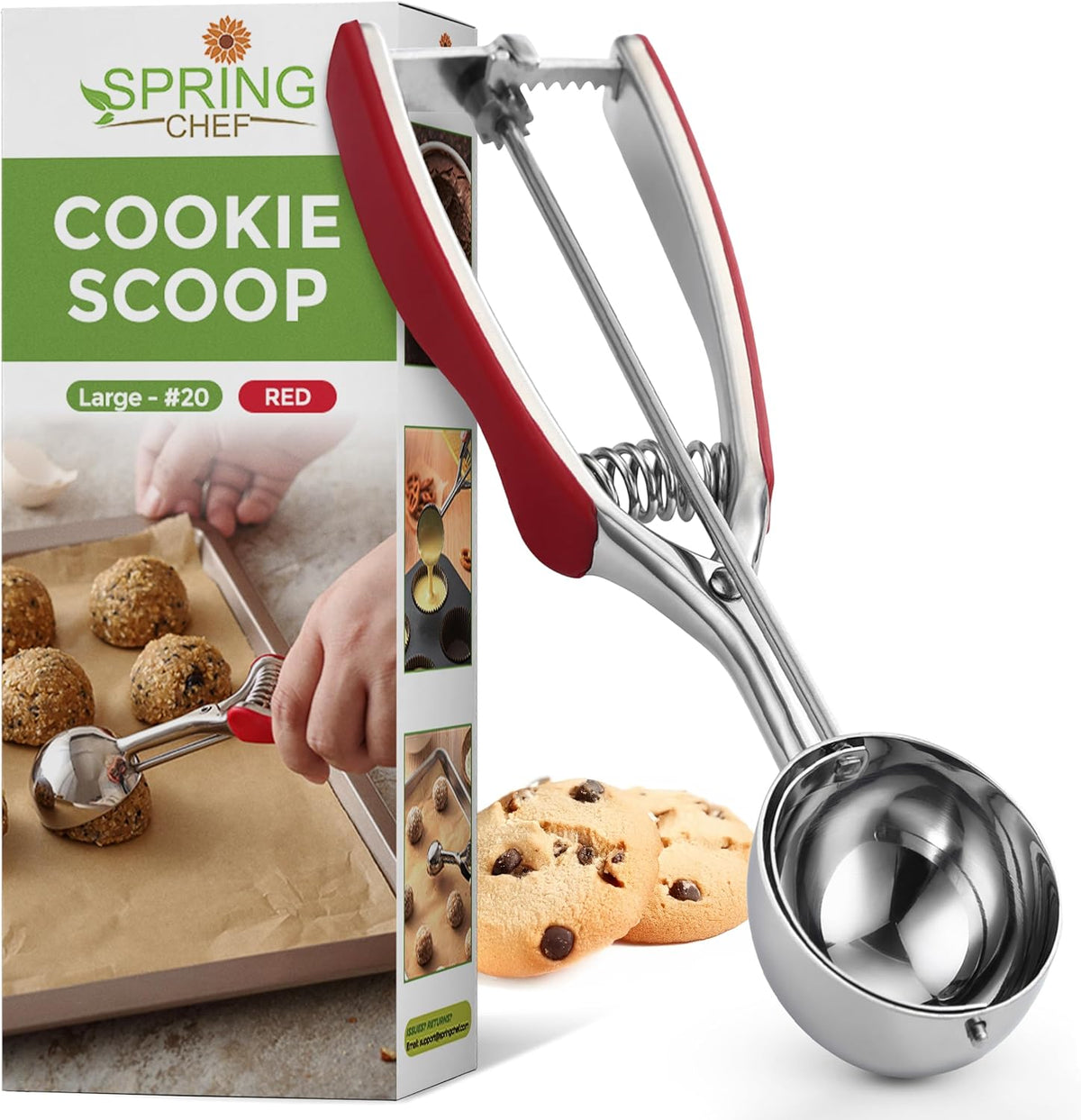 Spring Chef Red Large Stainless Steel Cookie Scoop for Baking - Multifunctional #20 Melon Baller