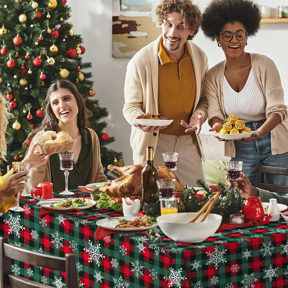 4.5x 100 Ft Roll of Christmas Buffalo Plaid Plastic Tablecloth Decorations,Disposable Red Green