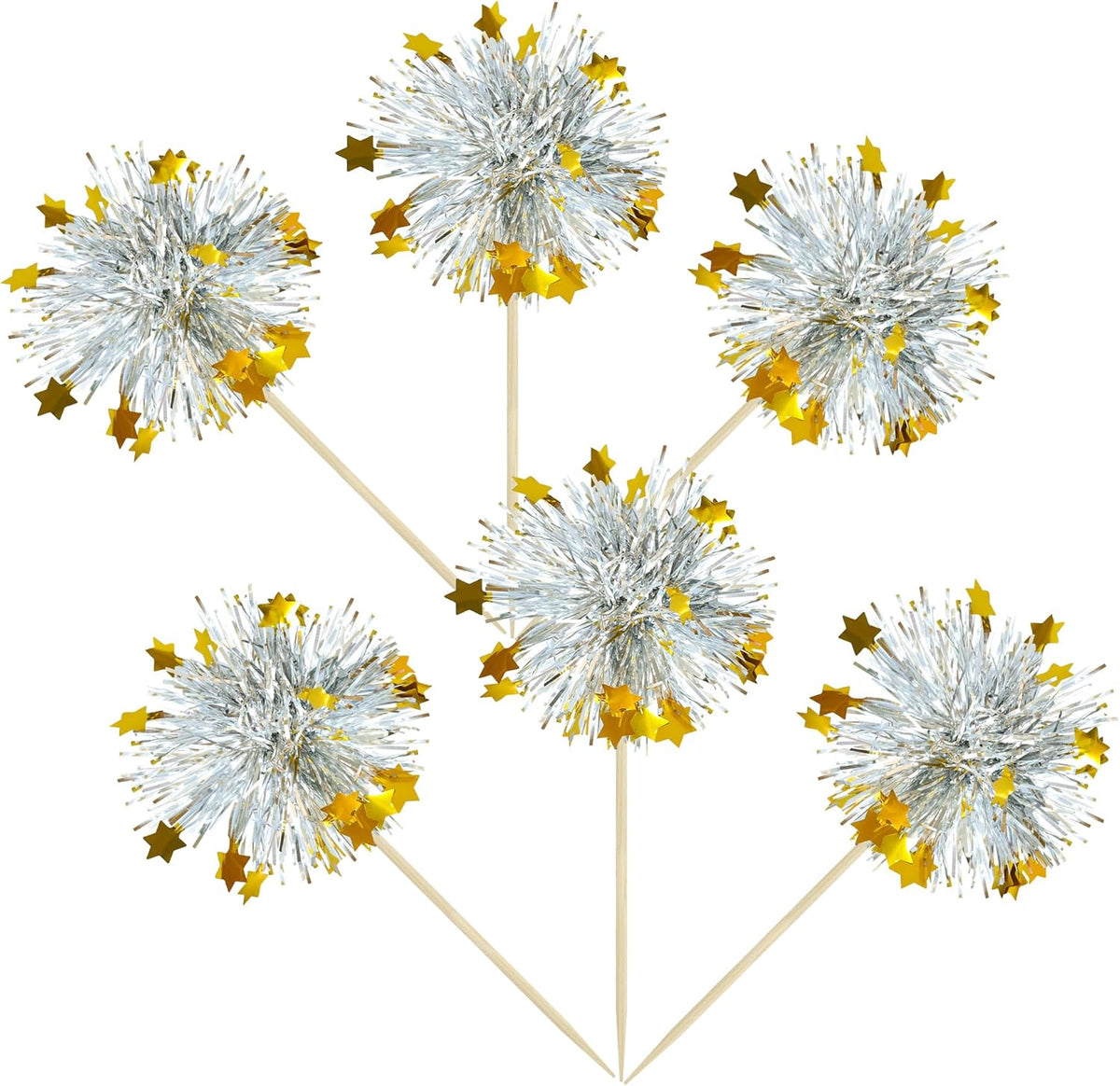 Ephlyn 30Pcs Foil Firework Cupcake Toppers Sparkle Tinsel Cupcake Picks Happy Birthday Cake