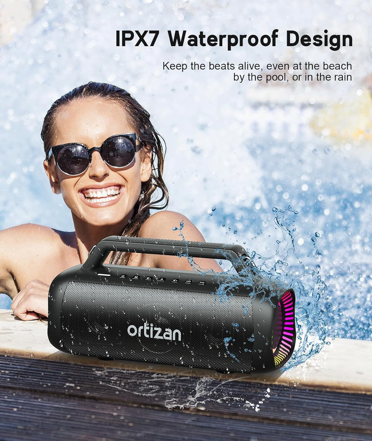 Ortizan Portable Bluetooth Speaker Loud, 80W Peak, Bass Up, 20H Playtime, IPX7 Waterproof, RGB