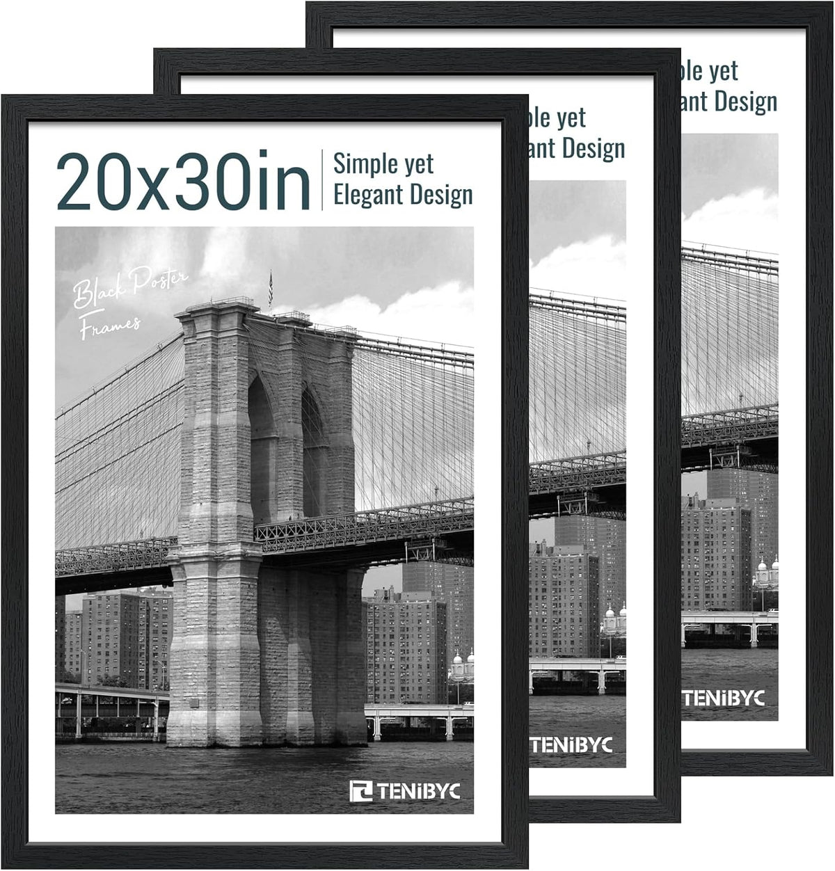 20x30 Poster Frame Set - 3 Pack, Textured Black Solid Wood Picture Frame, Wall Gallery Frame - Wall