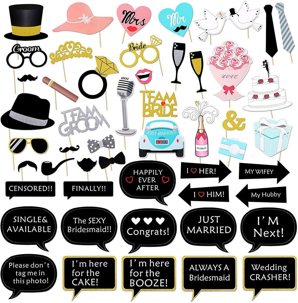 52pcs Wedding Photo Booth Props, Bachelorette Party Photo Booth Prop Kit for Bridal Shower