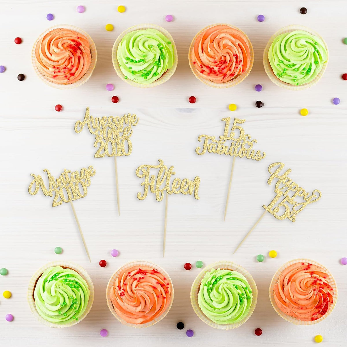 30Pcs Vintage 2010 Cupcake Toppers Glitter Fifteen Happy 15th Birthday 15 Fabulous Cupcake Picks