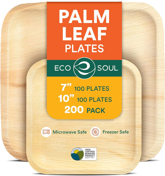 ECO SOUL Compostable 7 & 10 Inch Palm Leaf Square Plates (200 Count) Like Bamboo Plates |