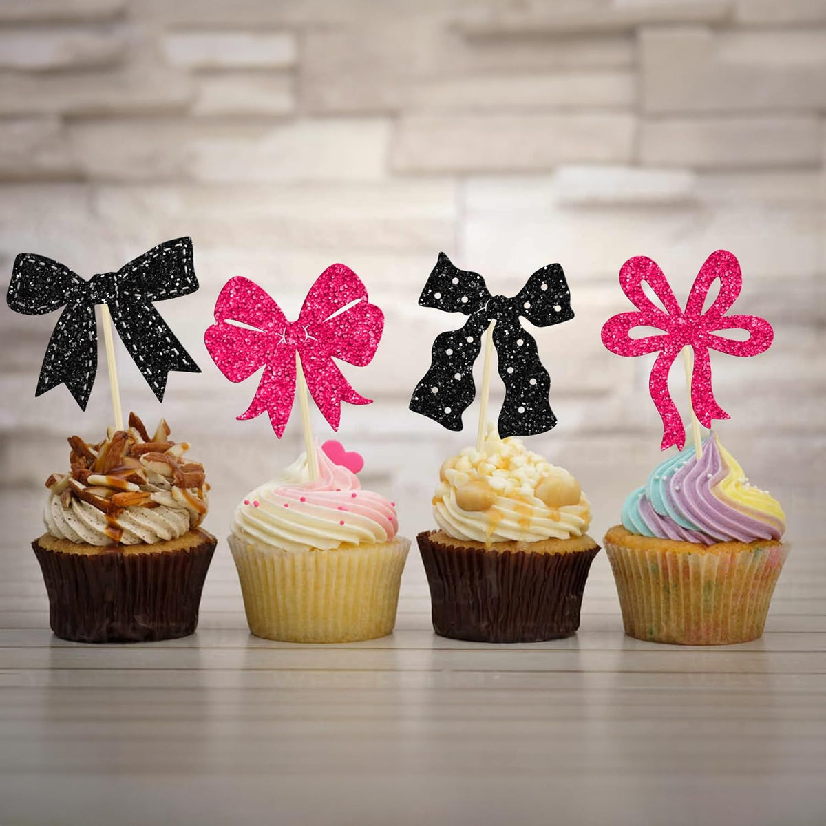 Ephlyn 24Pcs Pink Bow Cupcake Toppers Bow Birthday Cake Topper Girls Birthday Party Decorations