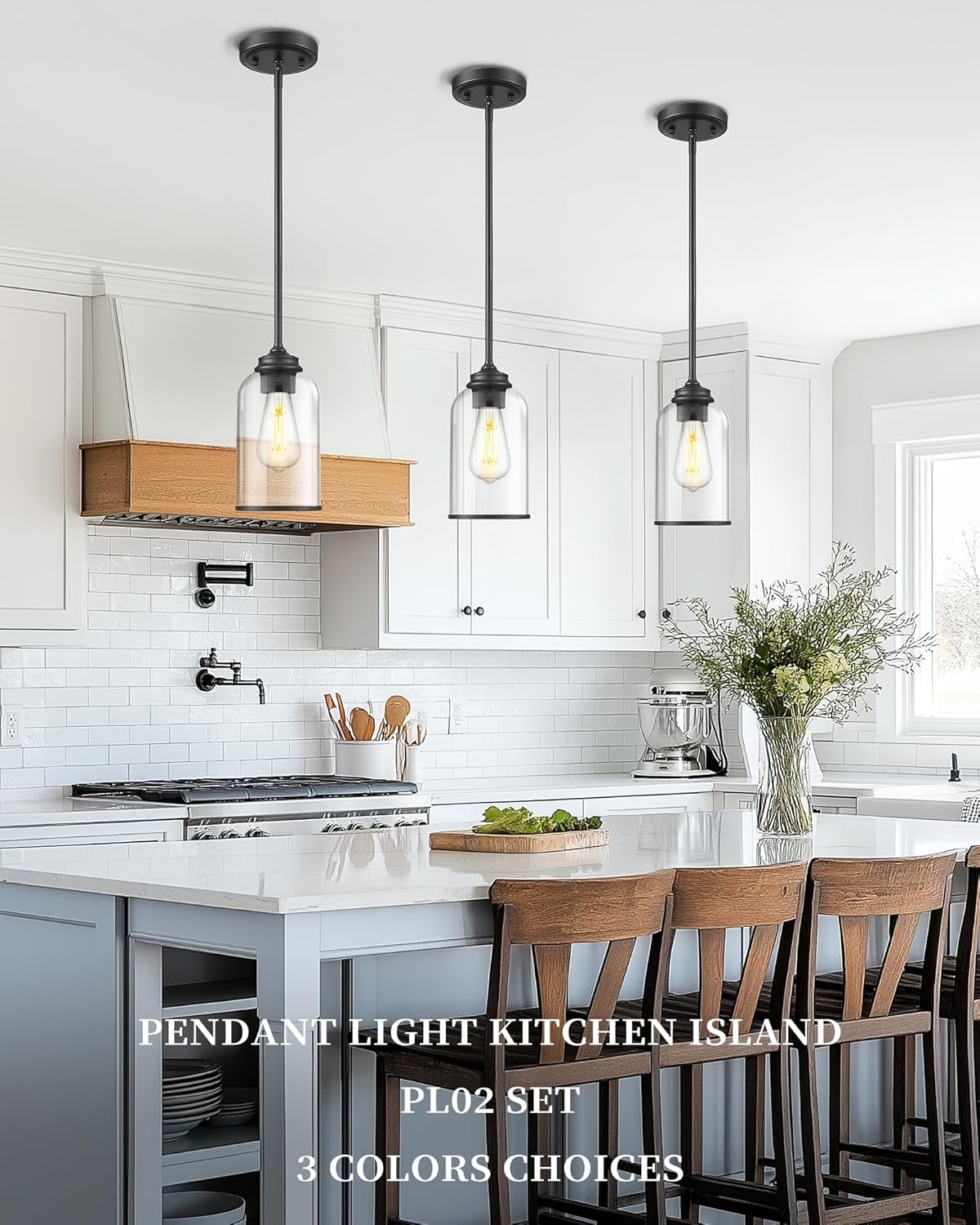 LIROUVET 2 Pack Pendant Lights Kitchen Island, Modern Pendant Lights, Black Hanging Lamp with Clear