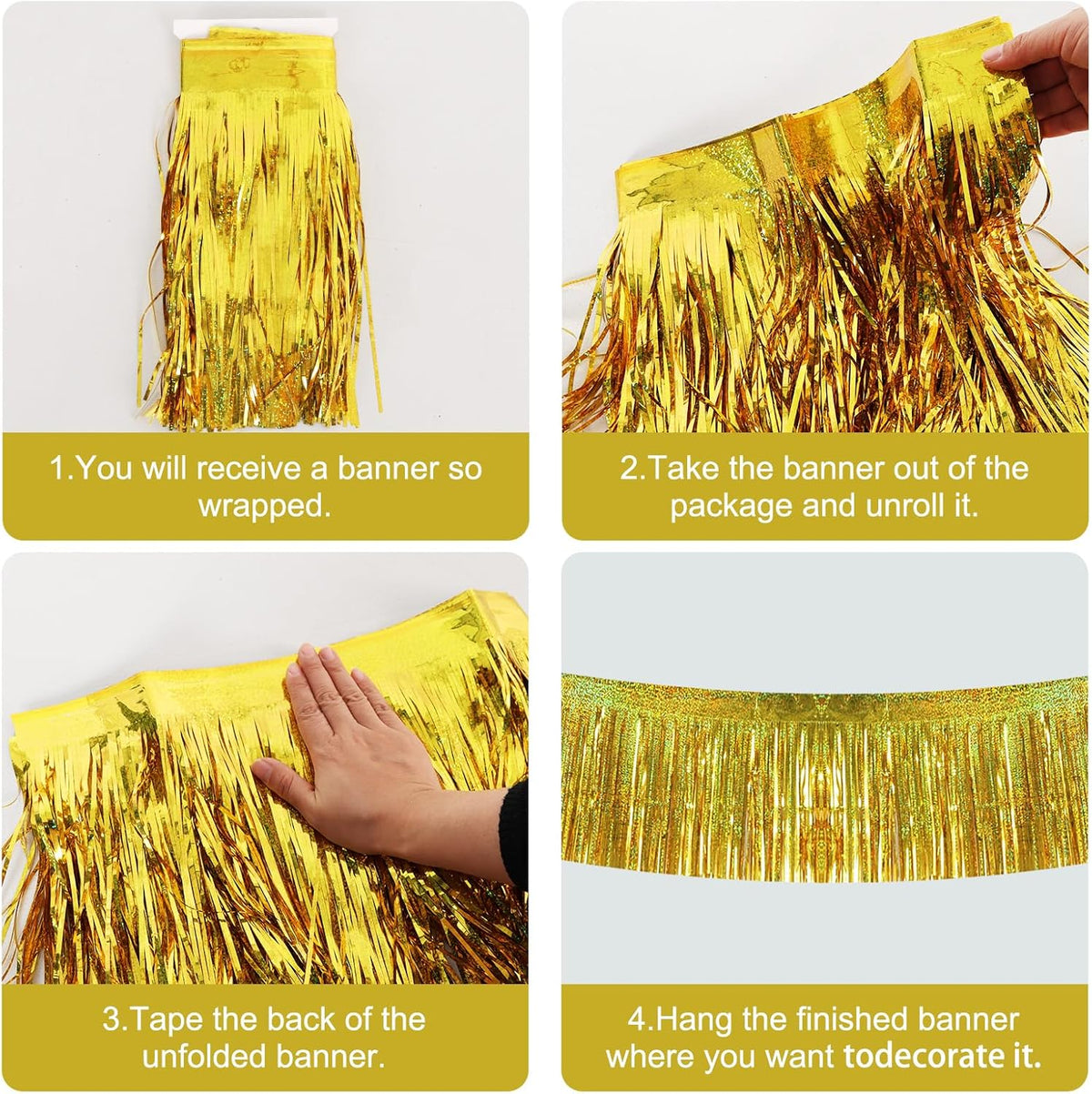 BEISHIDA 3 Packs 30 Feet Metallic Foil Fringe Garland Tinsel Streamers，Laser Gold Wall Hanging