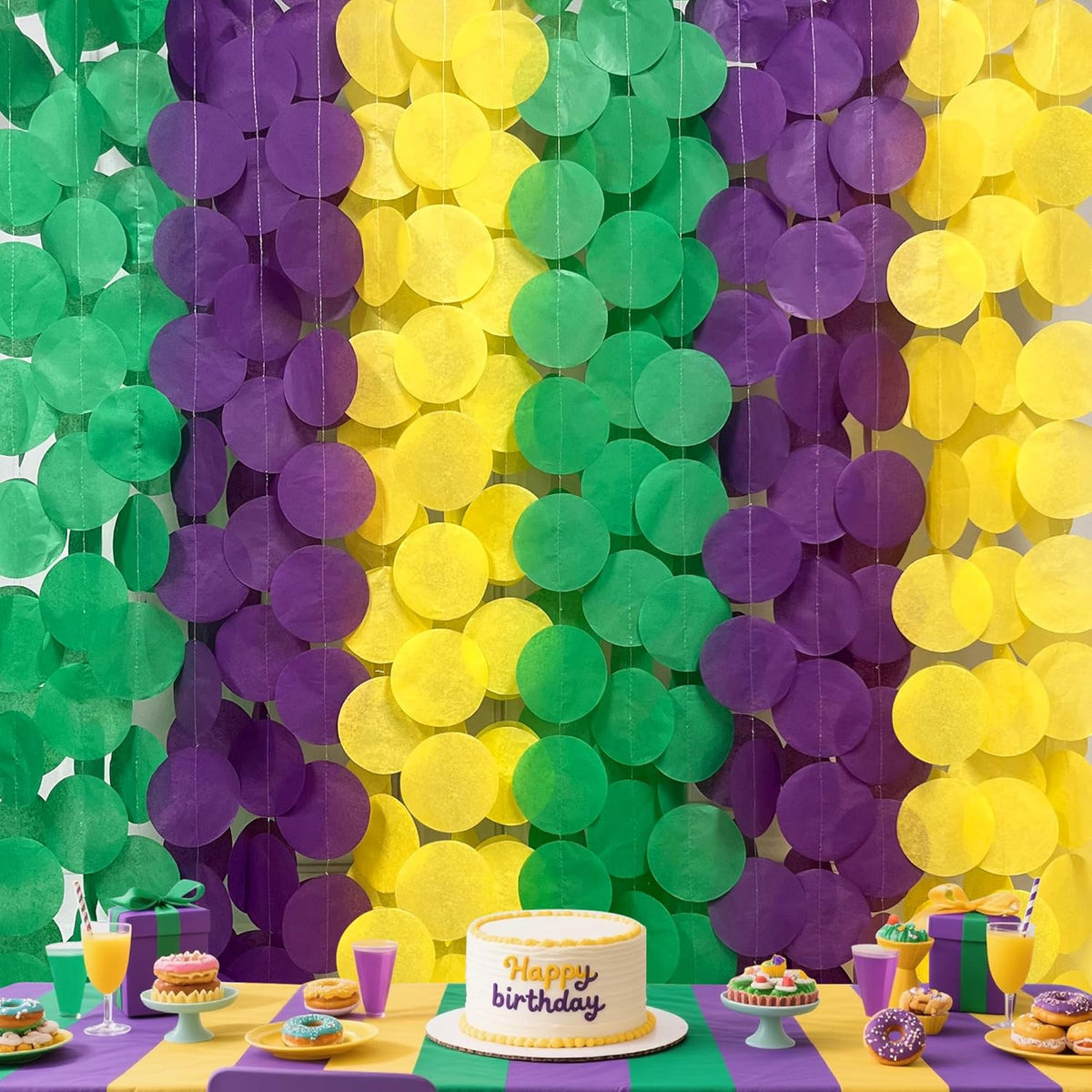 205 Ft Mardi Gras Party Decorations Purple Green Yellow Circle Dot Backdrop Garland Tissue Paper