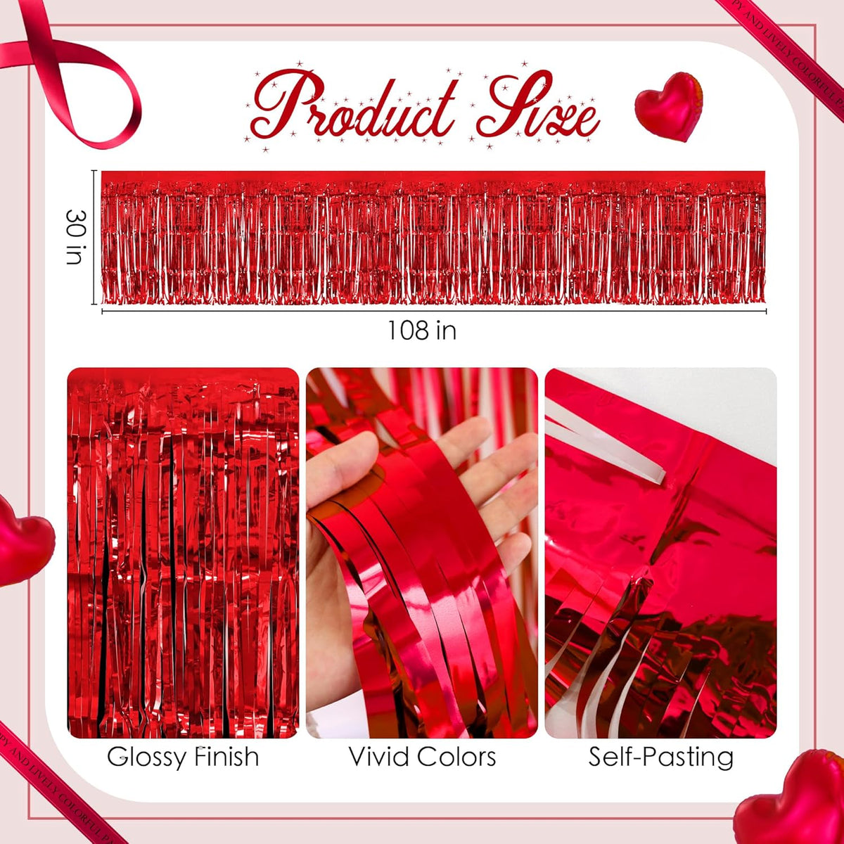 2 Pack Red Table Skirts, 29x108" Metallic Foil Tinsel Fringe Table Skirts for Rectangle Tables