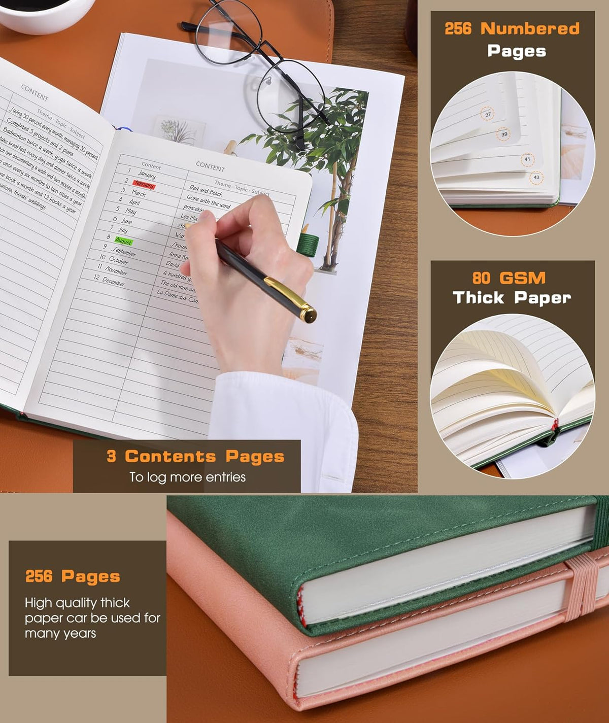 Lined Journal Notebook for Women Men, 256 Numbered Pages Hardcover Leather Journals for Writing, A5
