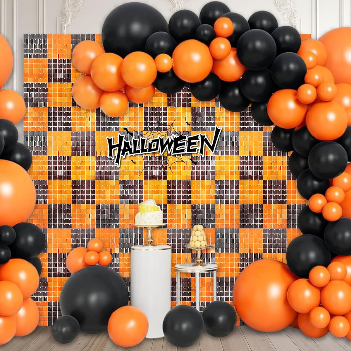12PCS Black Orange Shimmer Wall Backdrop, Square Sequin Photo Backdrops Panel, Glitter Wall