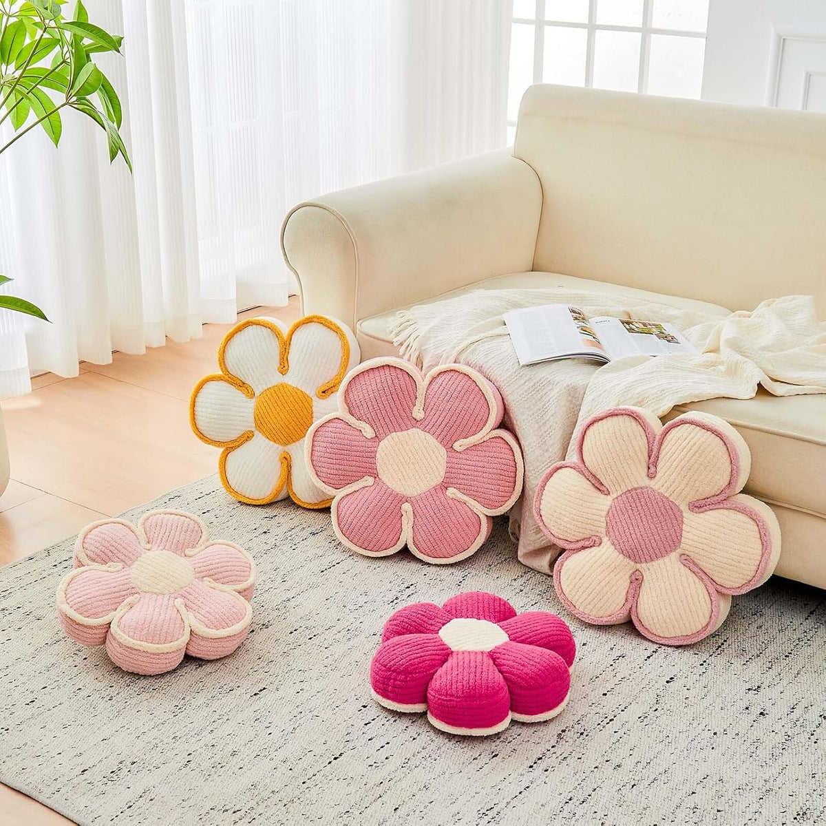 Flower Pillow, Soft Flower Decorative Throw Pillow, Cute Daisy Flower Shaped Seating Floor Cushion