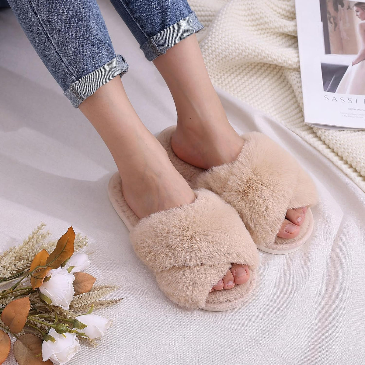 Evshine Women's Fuzzy Slippers Cross Band Memory Foam House Slippers Open Toe