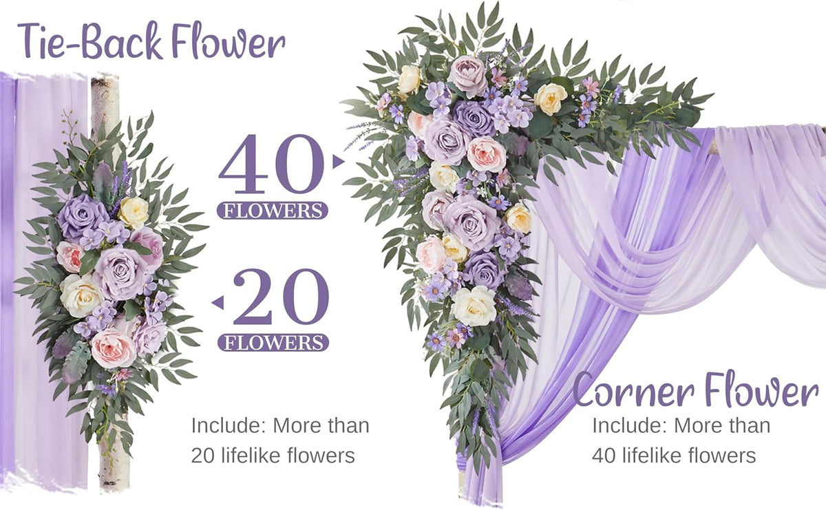 Wedding Arch Flowers with Drapes Kit (Pack of 4) - 2pcs Artificial Lilac Deluxe Swag with 2pcs