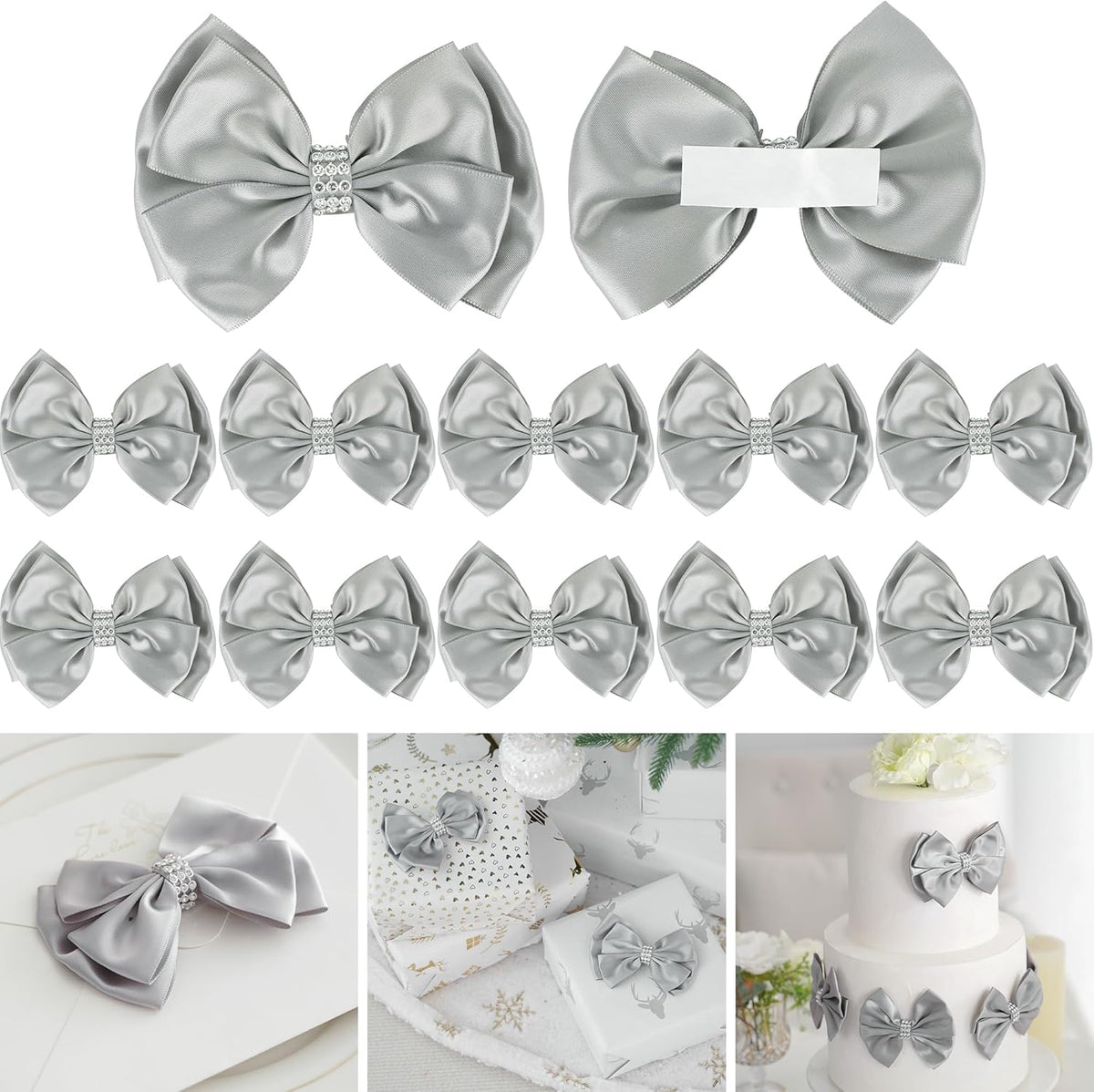 Silver Satin Bows 4'' Premade Ribbon Bow, Silver Gift Bows with Rhinestone, Wrapping Bows for