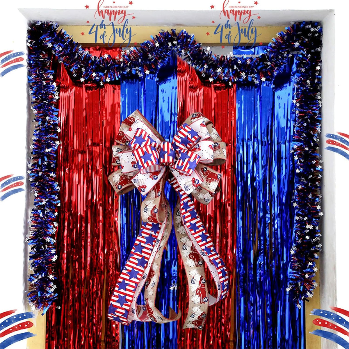 CANREVEL 2 Pack 3.3x8.2 Feet Blue and Red Foil Fringe Backdrop Curtains, Tinsel Streamers Birthday