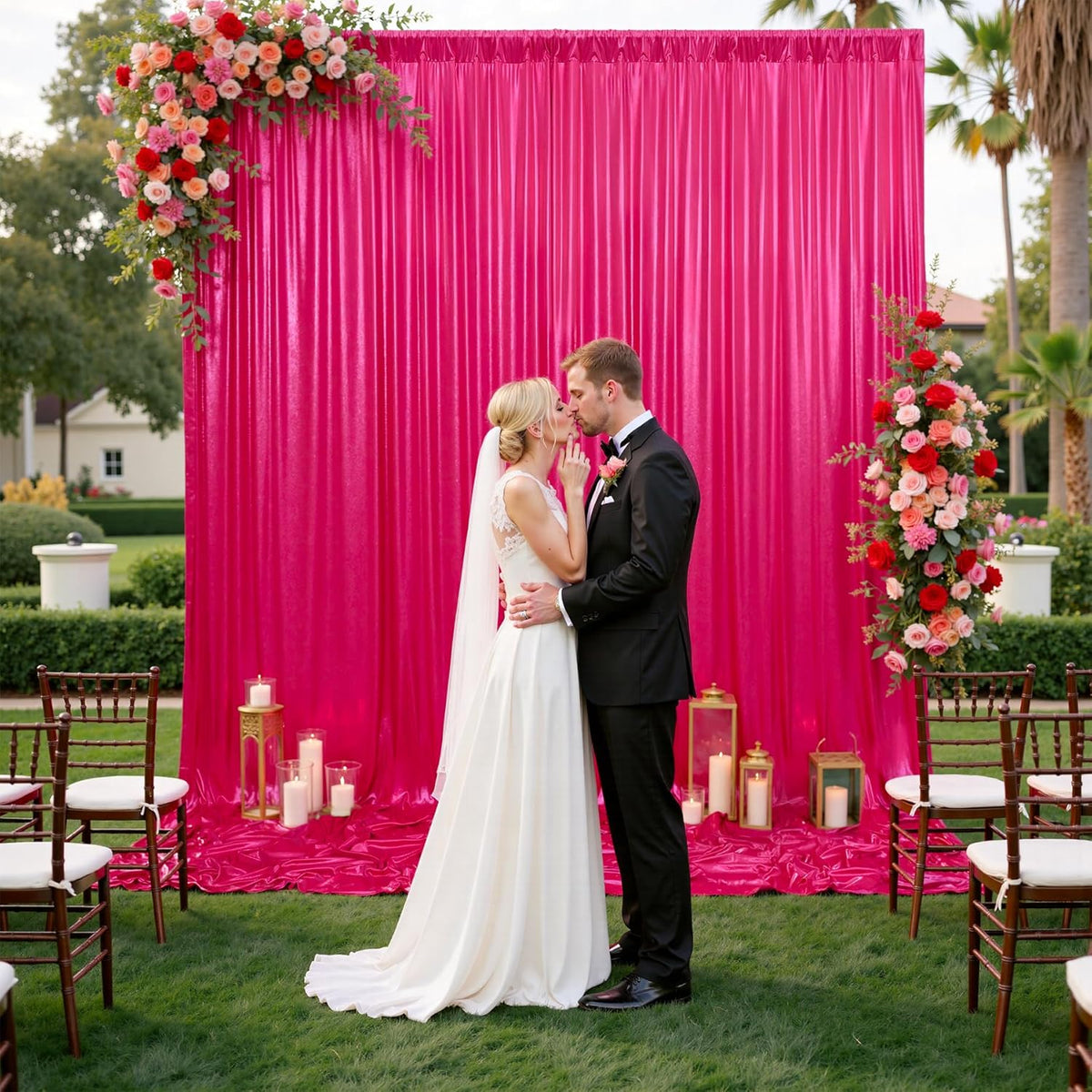 10x10ft Shimmer Hot Pink Sequin Backdrop Curtain for Parties, Thick Wrinkle Free Glitter Fuchsia