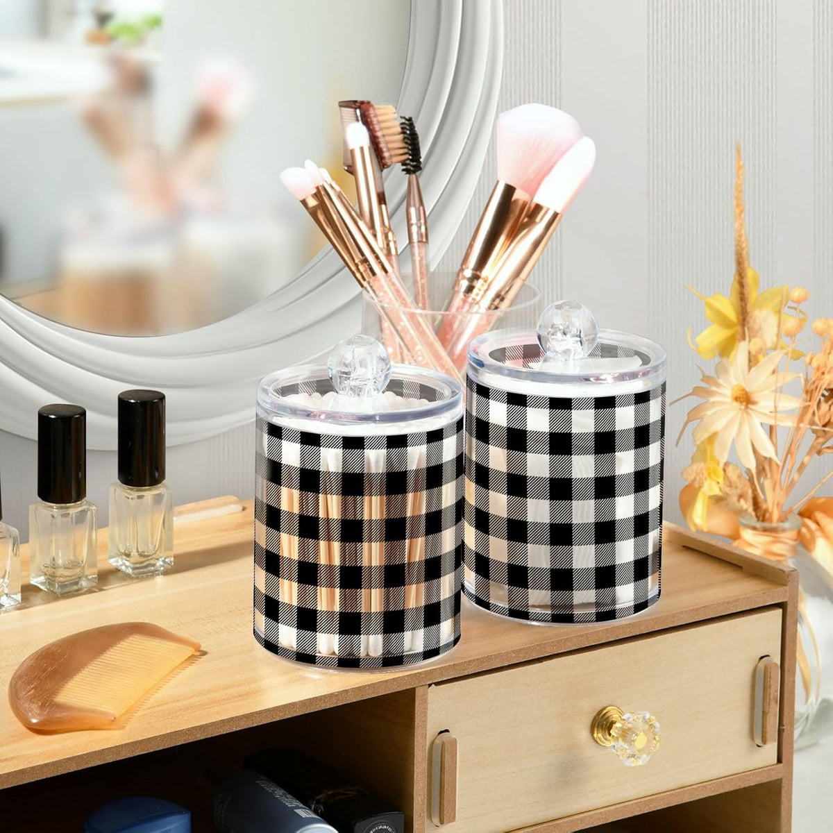 Gredecor Qtip Holder Dispenser 2 Pack Black White Classic Buffalo Plaid Bathroom Decorative Storage