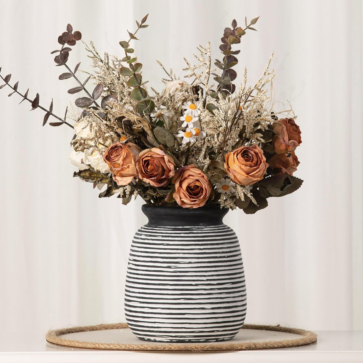 Ceramic Rustic Vase, Small Flower Farmhouse Vases Home Decor, 6“ Short Pottery Decorative Pampas