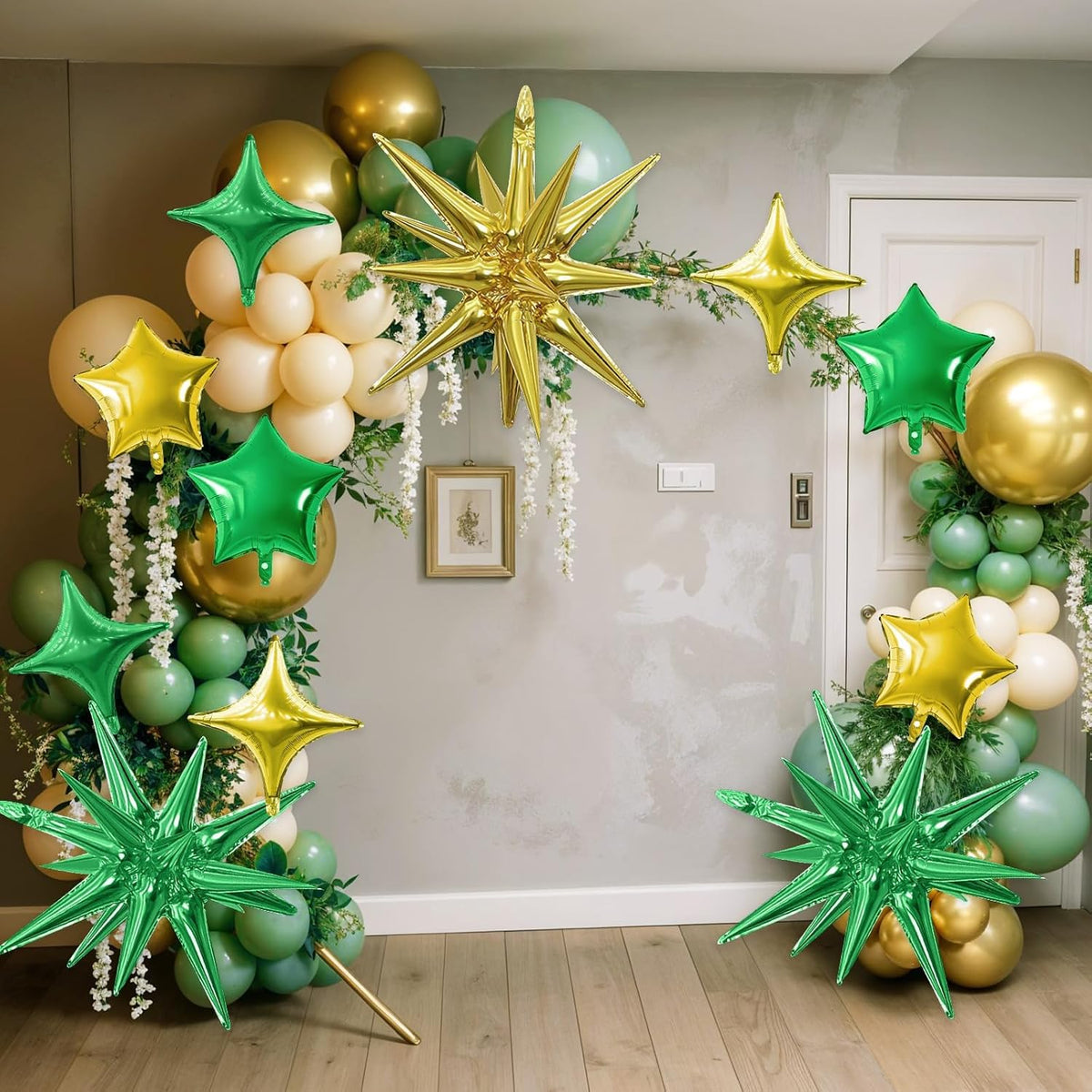 Gold Green Star Balloon,16Pcs Star Foil Balloons Set with 22Inch Explosion Spike Cone Balloons and