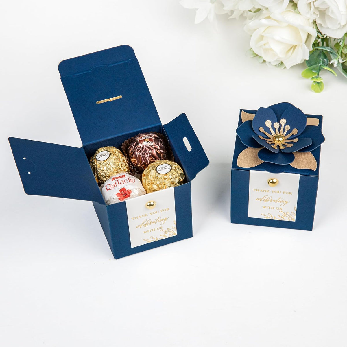 FEIYI 20 PCS Favor Boxes, 3 In 1 Navy Blue Candy Boxes with Floral Decor, White Thank You Tags Gold