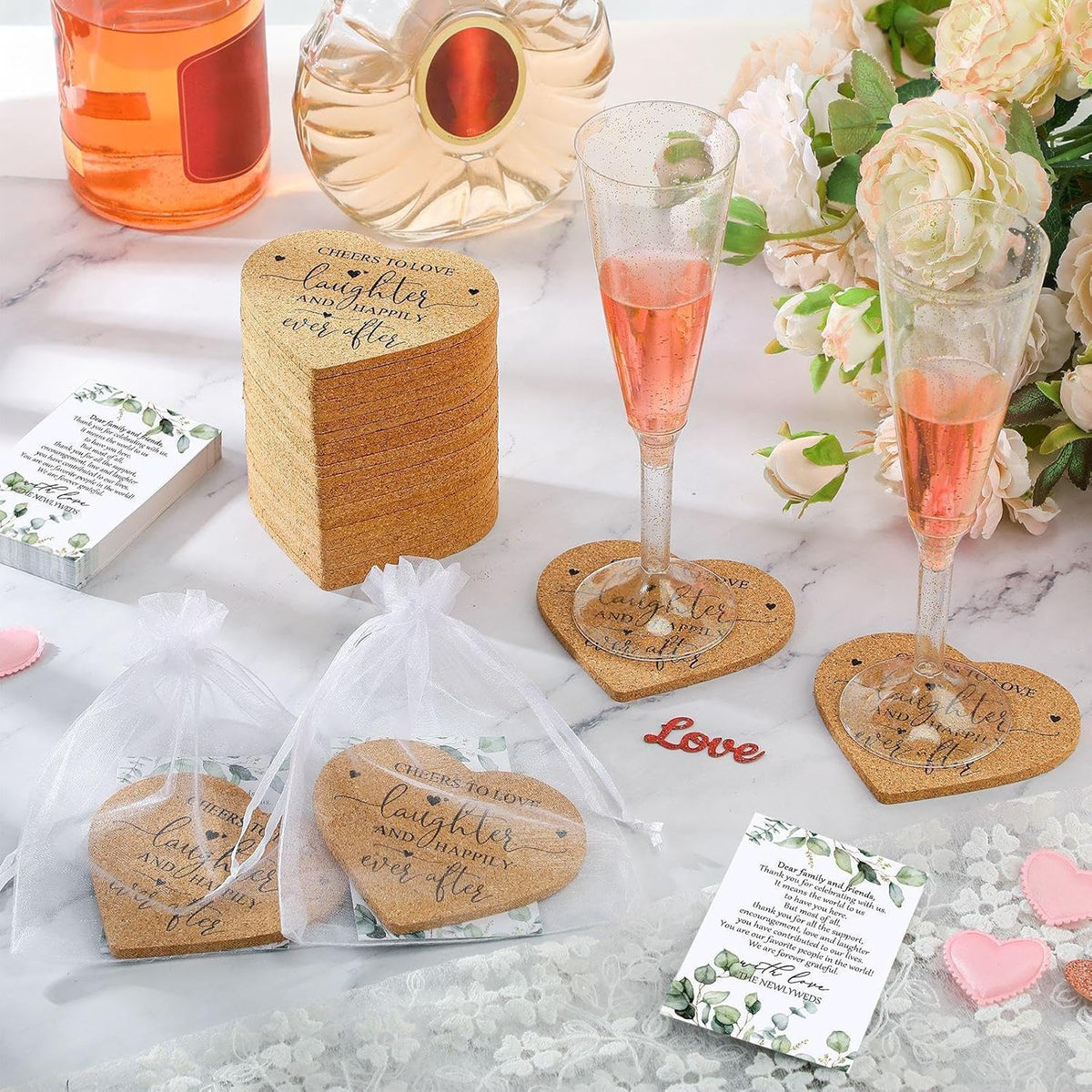 Uiifan 50 Set Wedding Favors for Guest Coaster Gifts Bulk Heart Shaped Coasters Thank You Cards