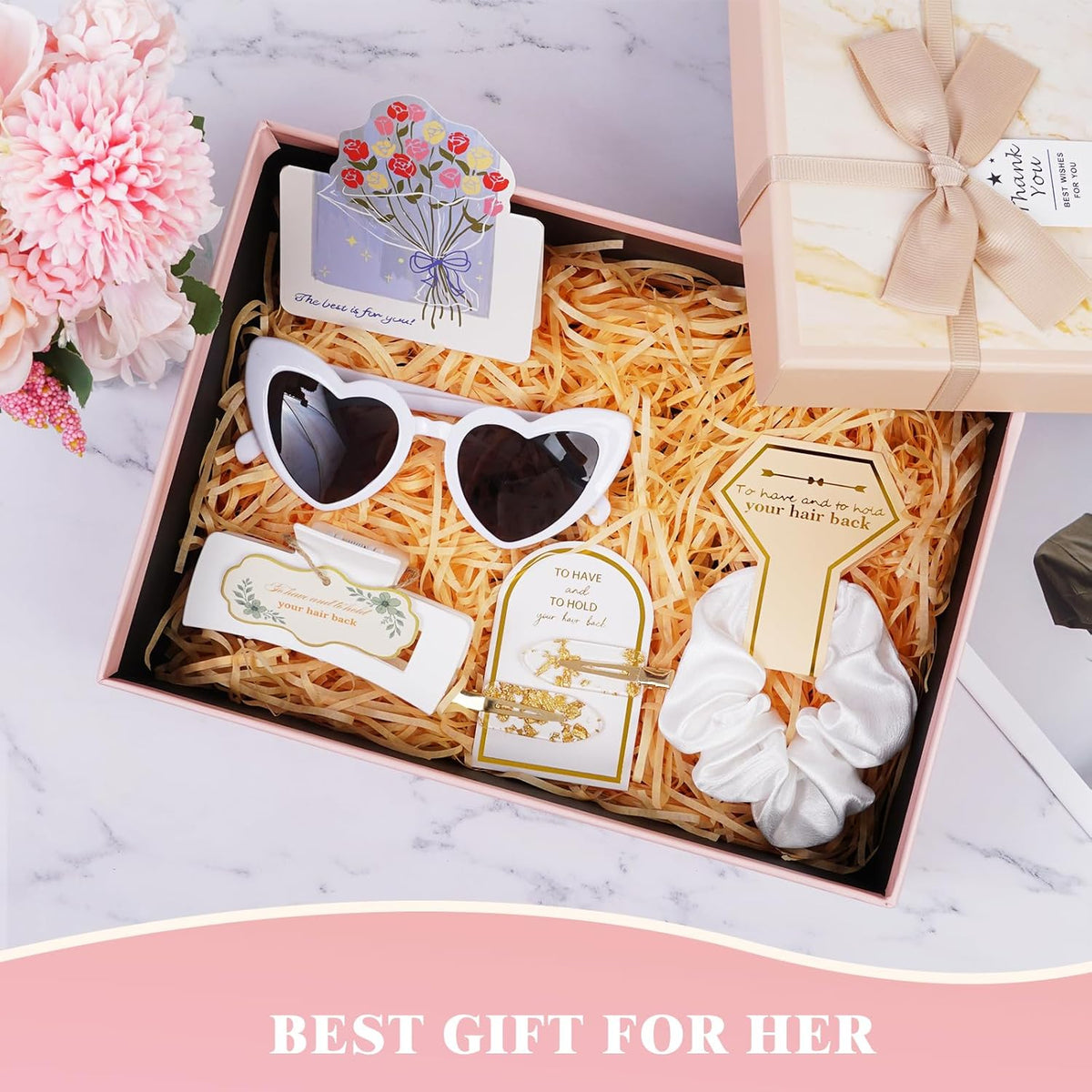 White Bridesmaid Proposal Gift Set, 8PCS Hair Claw, Scrunchies, Makeup Clips & Heart Sunglasses