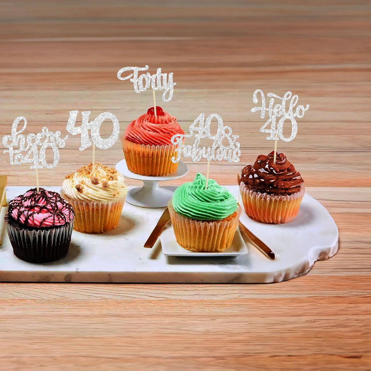 30pcs Happy 40th Birthday Cupcake Toppers - Silver Glitter Forty Cheers to 40 Years Old Cupcake