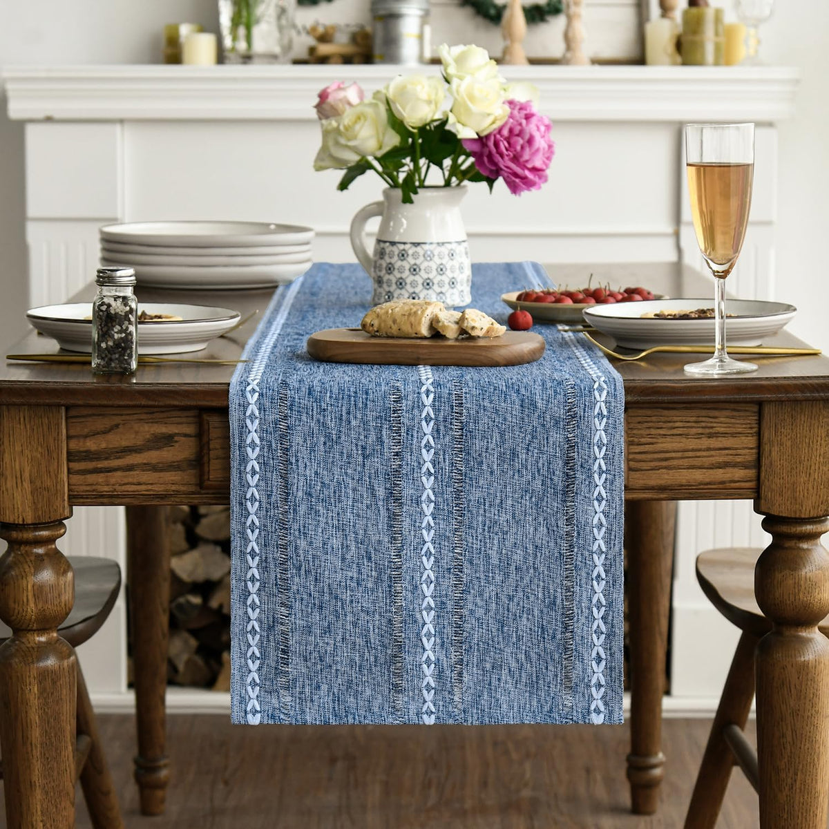 Artoid Mode Blue Rustic Cotton Linen Table Runner, Seasonal Embroidered Hollow Kitchen Dining Table